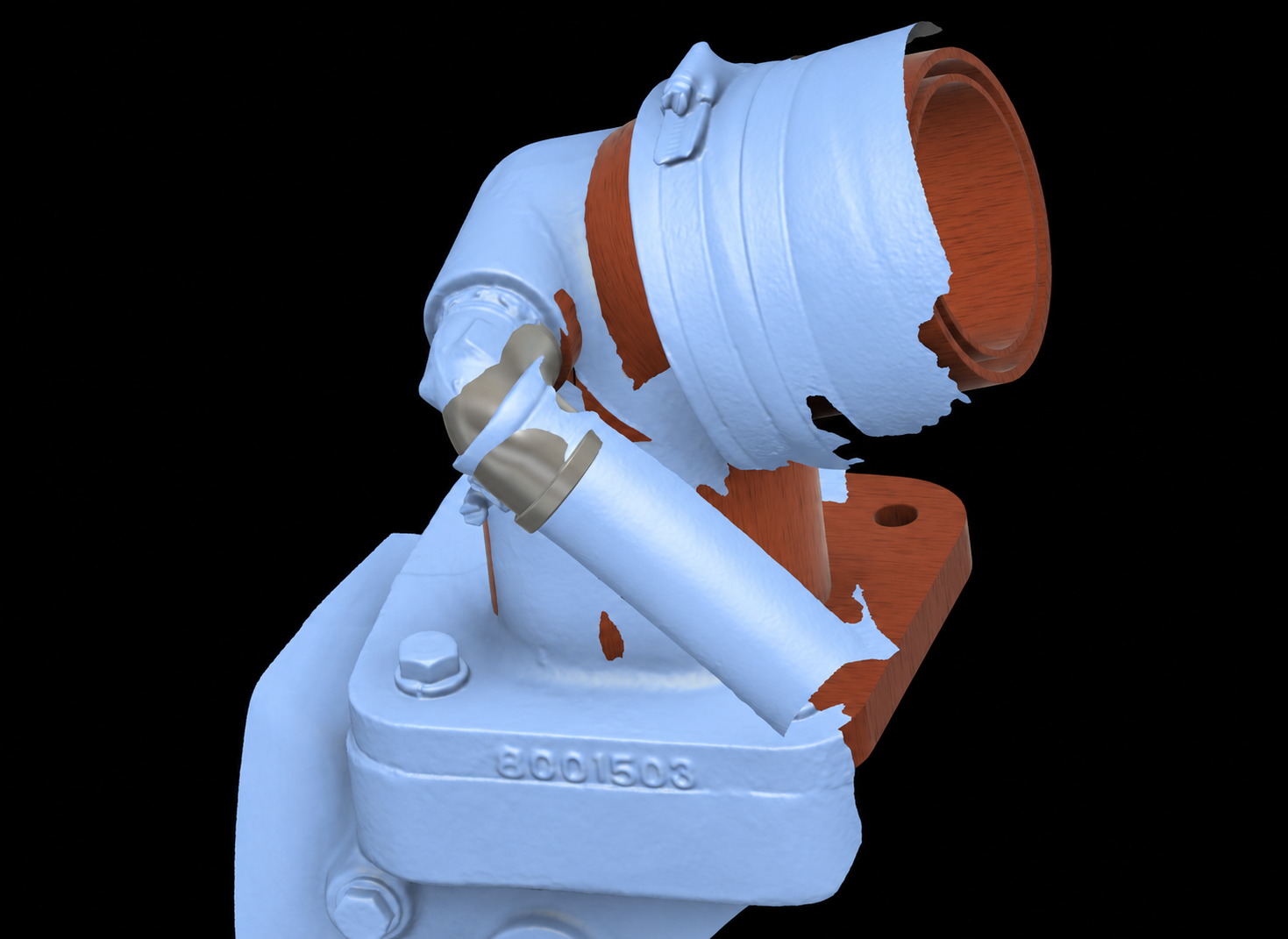 Blå 3D-skanning av en rörkrök jämförd med en kopparfärgad CAD-modell.